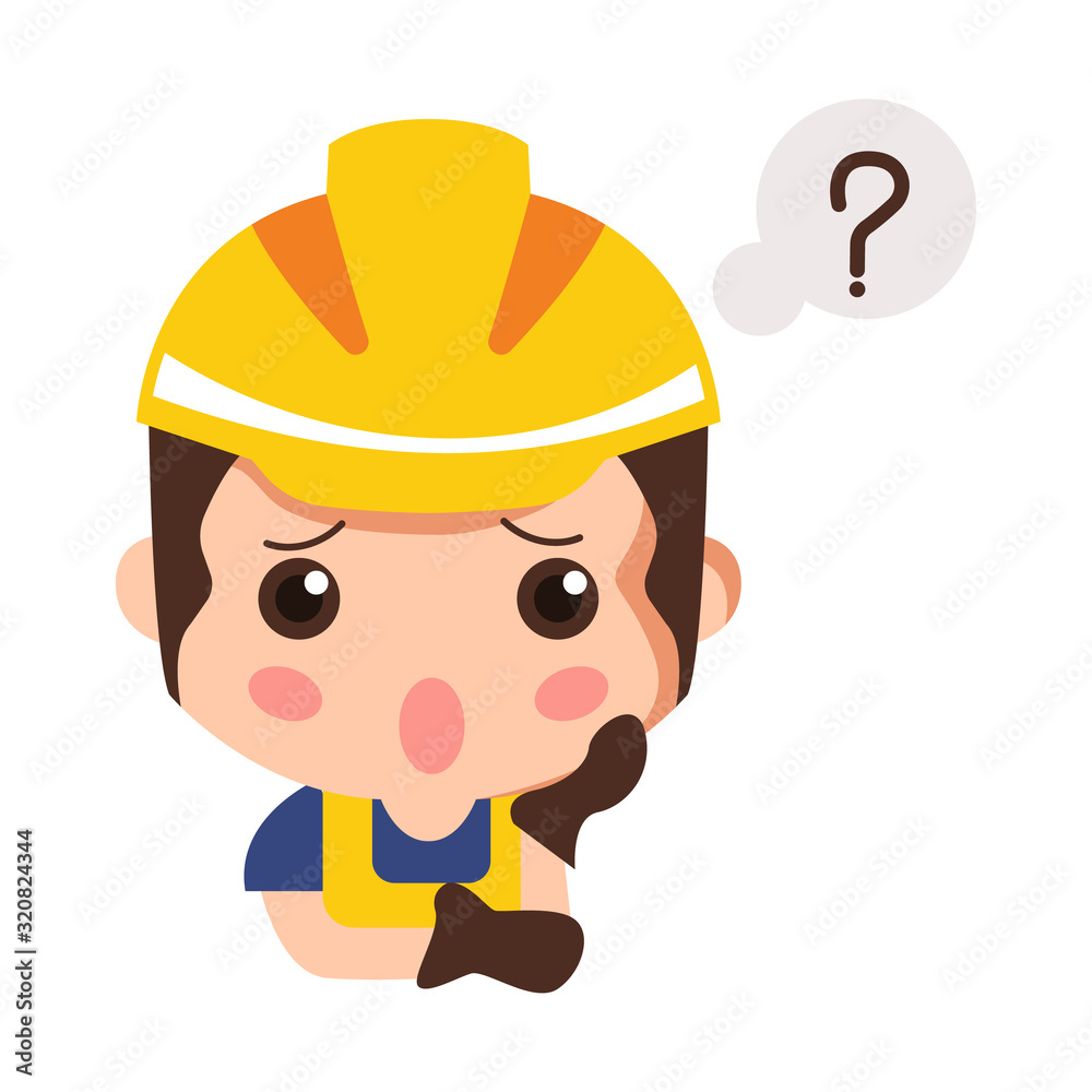 Construction worker Cartoon thinking with question mark . Thinks about problem vector illustration. expression and think problem Construction worker Cartoon thinking with question mark . Thinks about problem vector illustration. expression and think problem