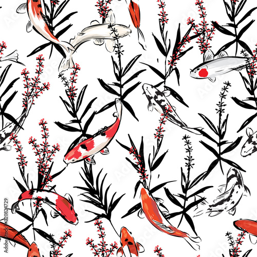 Beeautiful Seamless japanese flowers hand drawn ink pattern vector EPS10 background with koi carp fish, Design for fashion,fabric,web,wallpapers,wrapping and all prints