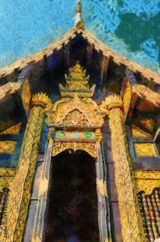 Ancient temples, art and architecture in the northern Thai style Illustrations creates an impressionist style of painting. © Kittipong