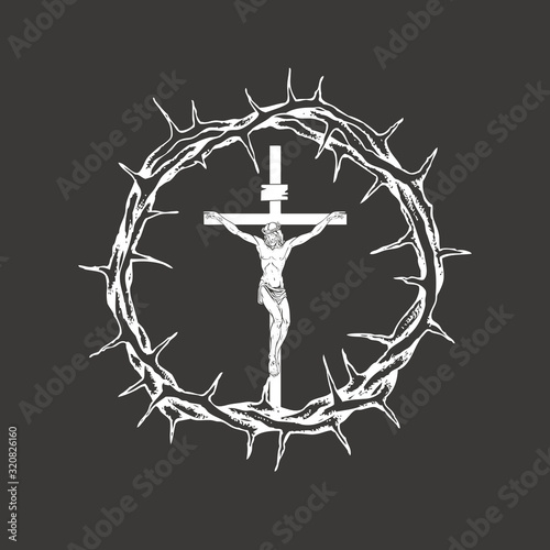 Fototapete Vector banner with a crucifix inside a crown of thorns