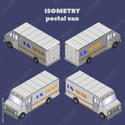 3D ISOMETRY postal van with the inscription US mail in four projections
