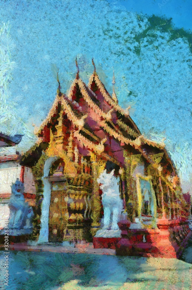 Naklejka premium Ancient temples, art and architecture in the northern Thai style Illustrations creates an impressionist style of painting.