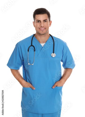 Portrait of doctor with stethoscope on white background