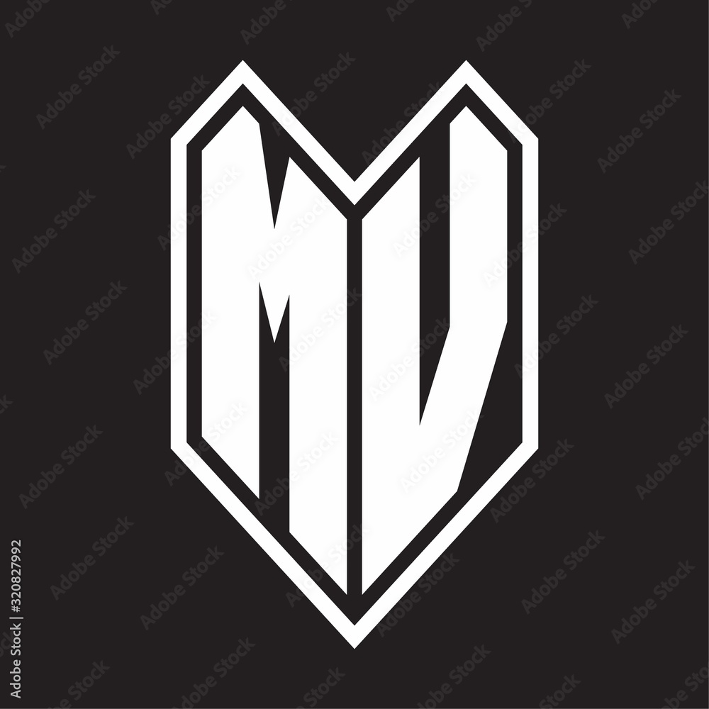 MV Logo monogram with emblem line style isolated on black background MV Logo monogram with emblem line style isolated on black background
