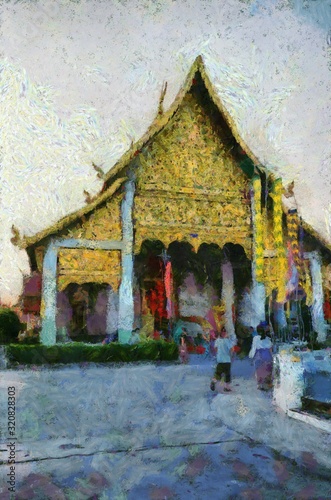 Ancient temples, art and architecture in the northern Thai style Illustrations creates an impressionist style of painting. © Kittipong