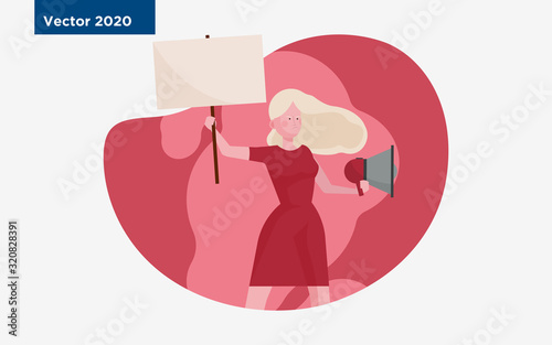 Female protester holding placard and megaphone outdoors. Activist, picket, demonstrator flat vector illustration. Strike, campaign, protest concept for banner, website design or landing web page