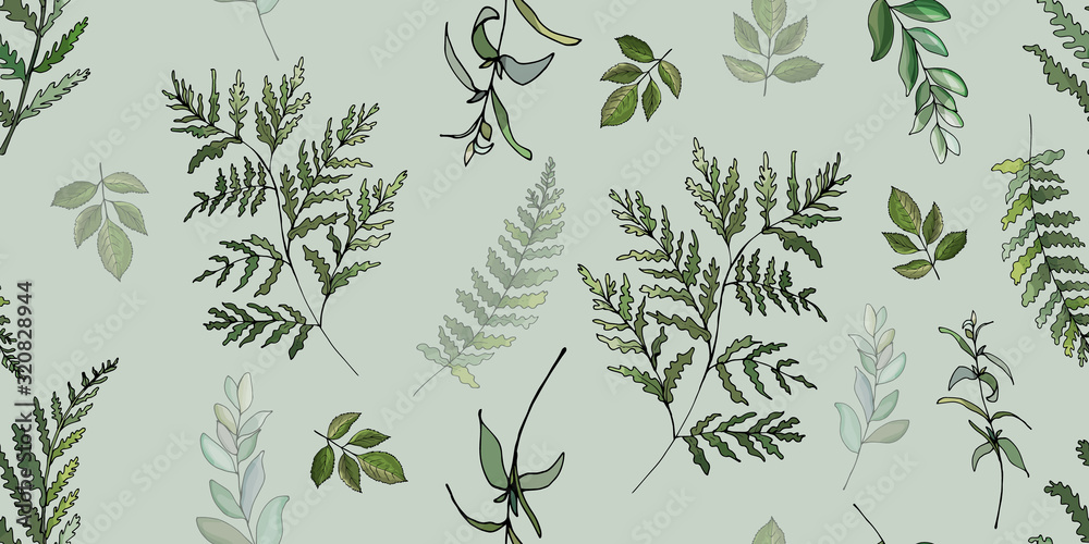 Seamless pattern of fern branches, eucalyptus, green leaves on light green background. Hand drawn. For eco design, print, wallpaper, wrapping paper. Vector stock illustration. Seamless pattern of fern branches, eucalyptus, green leaves on light green background. Hand drawn. For eco design, print, wallpaper, wrapping paper. Vector stock illustration.