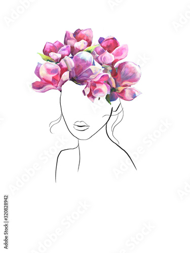 Woman with bunch of flowers of magnolia. Trendy Poster