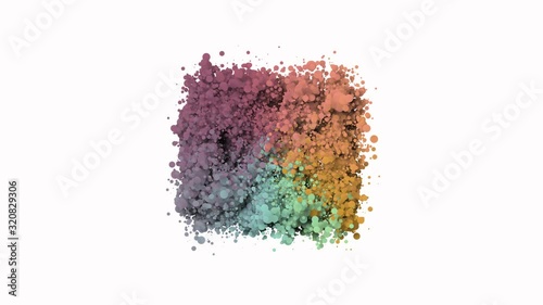 Multicolored bubbles form a rotating cube in the air on a white background. Modern backdrop, wallpaper or screensaver for comruter. 3d video animation of seamless loop. Many circles form cube. photo