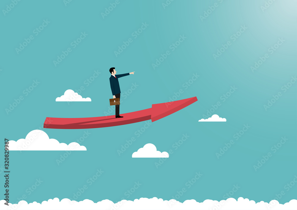 Businessman stand on arrow flying over the clouds