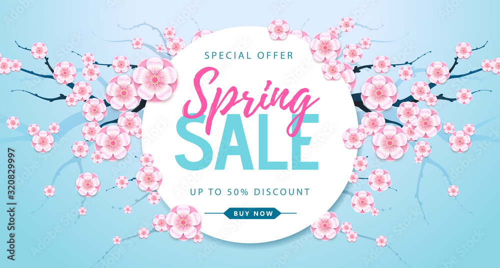 Spring big sale poster with full blossom flowers. Spring background