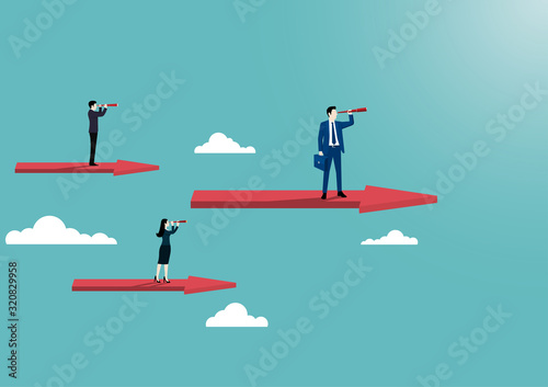 Business team stand on arrow flying over the clouds