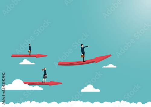 Business team stand on arrow flying over the clouds