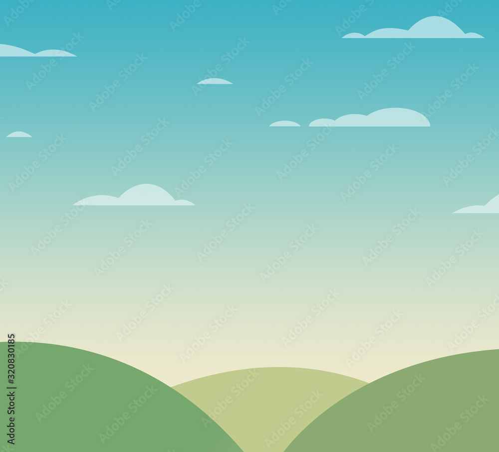 beautiful landscape with green mountains and a coudy sky in cartoon style - simple graphic landscape background with clean gradient