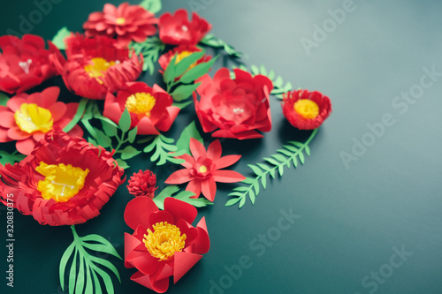 Wallpaper Mural Hello, spring. With red paper flowers and green leaves Torontodigital.ca