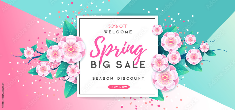 Spring big sale poster with full blossom flowers. Spring background Spring big sale poster with full blossom flowers. Spring background