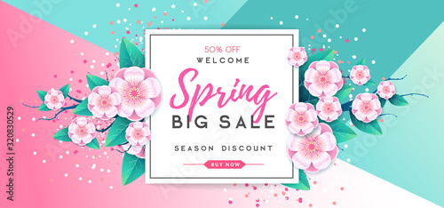 Spring big sale poster with full blossom flowers. Spring background