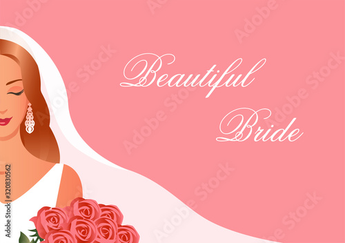 Beautiful bride with a veil on her head and with a bouquet of red roses. Pink background with place for text. Vector wedding illustration.