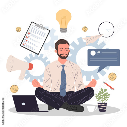 Business man meditating and relaxing in lotus position vector illustration. Office man practicing stress relief at workplace. Employee practicing mindfulness meditation and yoga in noisy office