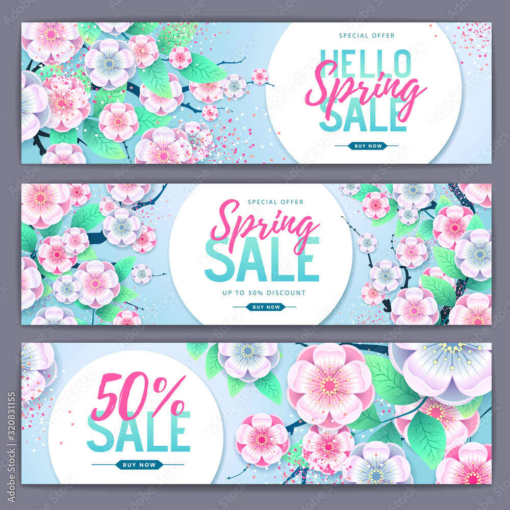 Spring big sale poster with full blossom flowers. Set of Spring sale banners