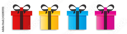 Set of colored surprise gift boxes, flat gift box icons.