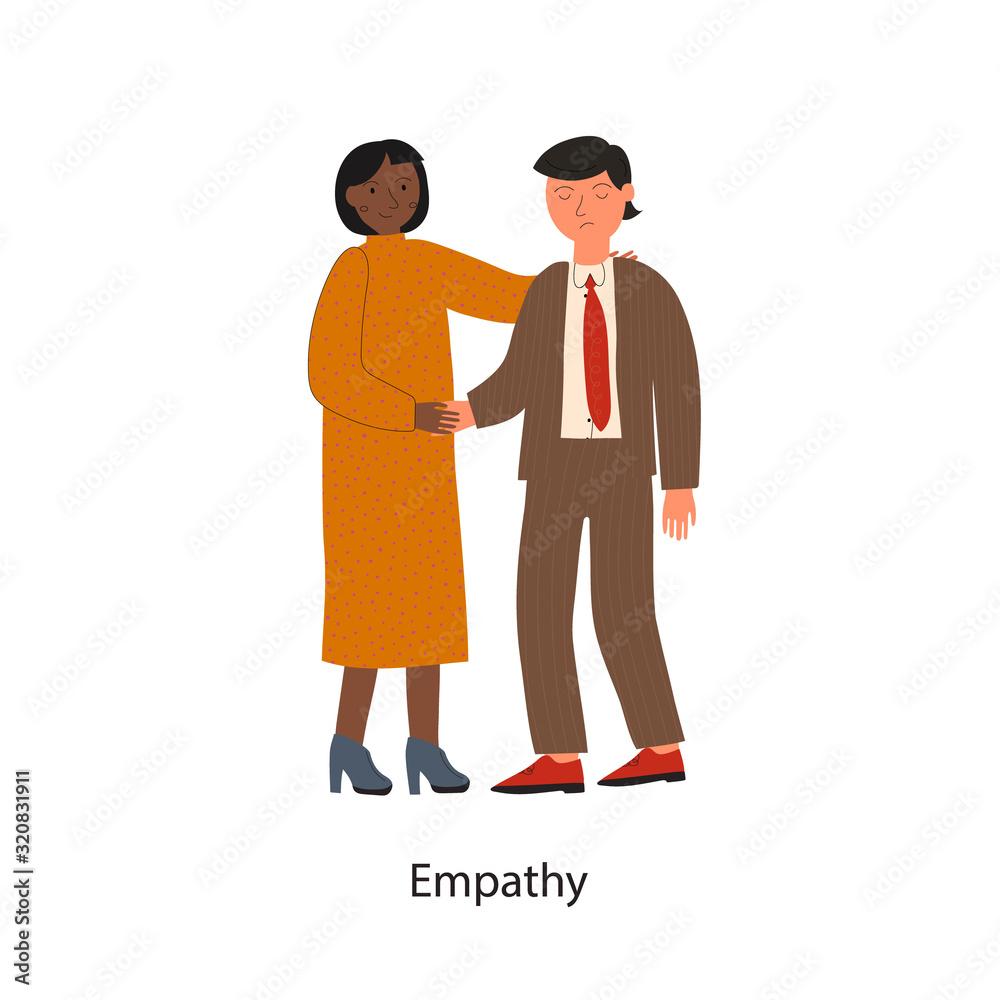 Soft skills concept with a businesswoman rendering emotional support to a colleague and text Empathy. Colored flat vector illustration. Isolated on white background.