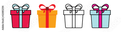 Set of flat and line icon a gift box with ribbon 