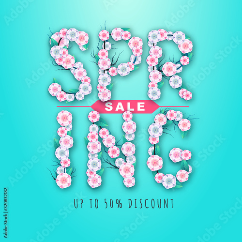 Spring big sale typography poster with full blossom flowers. Spring background