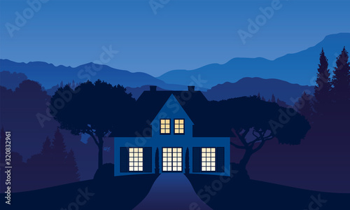 vector illustration of a house somewhere in the mountain landscape in the night with light falling through the windows