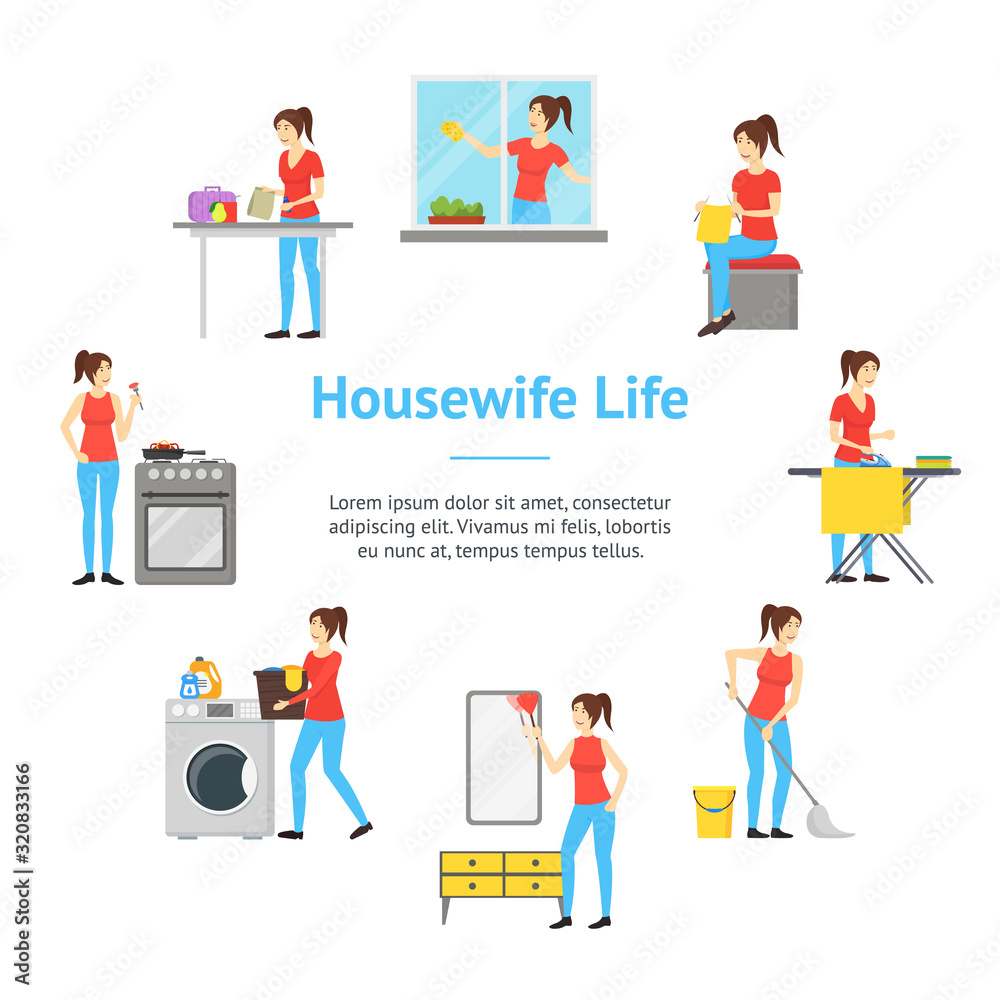Cartoon Color Characters Woman Housewife Banner Card Circle. Vector