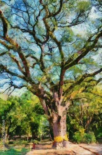 Fototapeta Naklejka Na Ścianę i Meble -  Large tree With branches spreading out wide With a beautiful branch shape Illustrations creates an impressionist style of painting.