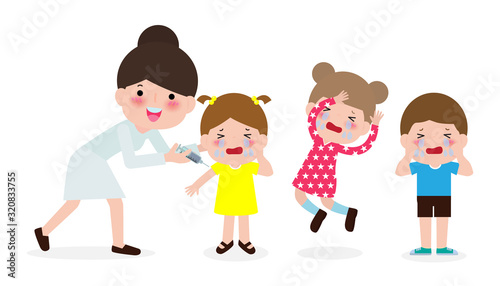 Kids vaccination with pediatrician holding syringe and crying children afraid of vaccine injection, prevention and immunize. vector illustration isolated on white background