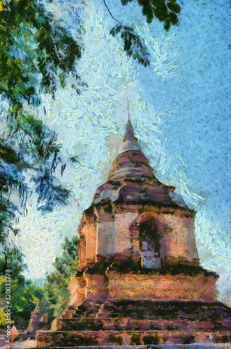 Ancient pagoda Illustrations creates an impressionist style of painting. © Kittipong