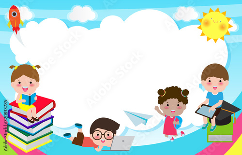 back to school, Cute school kids, education concept, children on the rainbow, Template for advertising brochure, your text,Kids and frame,child and frame,happy cartoon background Vector Illustration