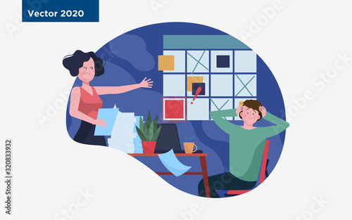 Furious manager blaming forgetful employee. Mistake, note board, shouting at colleague flat vector illustration. Blowing job, error, failure concept for banner, website design or landing web page