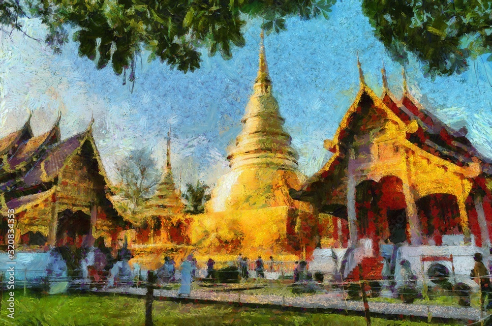 Wat Phra Singh Temple Chiang Mai Thailand Illustrations creates an impressionist style of painting.