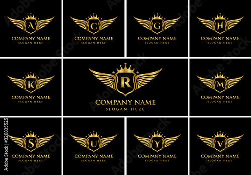 Luxury wing emblem alphabets logo set with crest Gold color Logo vector