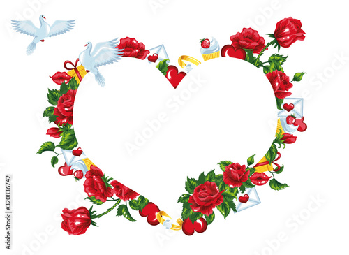 Banner in a shape of heart with red roses and valentine's day icons. Isolated on white.