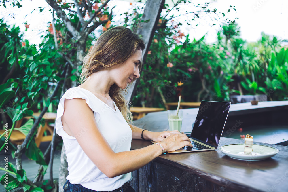 Beautiful woman working on laptop in cafe looking at desktop Beautiful woman working on laptop in cafe looking at desktop
