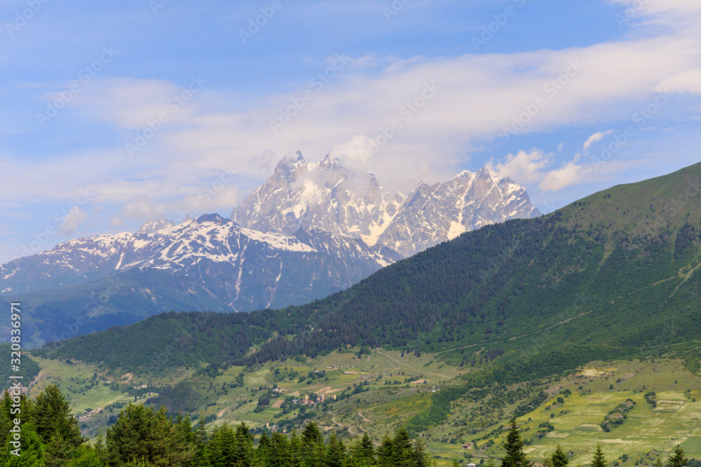 Panoramic view of Svan Towers in Mestia, Svaneti region, Georgia. It is a highland townlet in the northwest of Georgia, at an elevation of 1500 meters in the Caucasus Mountains.
