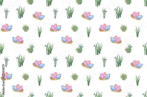 Easter egg hunt repeat pattern, eggs and plants, symbol of spring holidays illustration, Happy Easter ornament