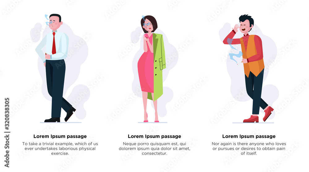 Male and female smokers set. Nervous stressed smoking men and woman flat vector illustration. Cigarettes, tobacco, addiction concept for banner, website design or landing web page
