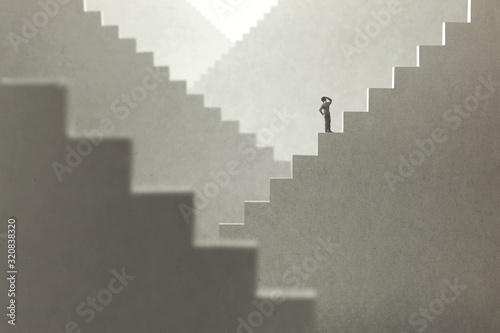 Fotografie, Obraz surreal concept of a man rising stairs to try to reach the top