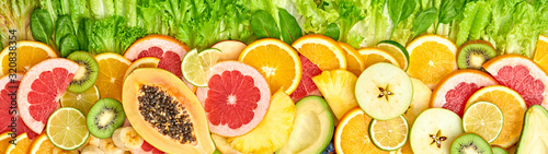 Fototapeta Naklejka Na Ścianę i Meble -  Fresh fruit greens healthy diet concept. Tropical mixed citrus salad food background, pineapple, orange isolated on white. Colorful fruits berries. Dieting health meal vegetarian health concept