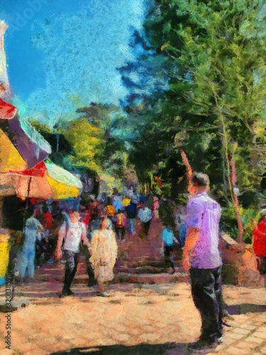 Wat Phra That Doi Suthep temple Tourists walking up and down stairs in tourism Illustrations creates an impressionist style of painting.