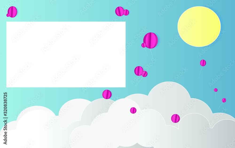 Balloon design card for kids.Vector illustration. Paper cut and craft style.