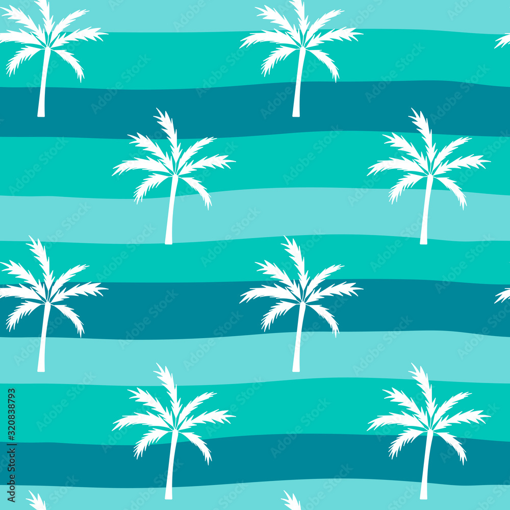 Silhouettes of palm trees, vector seamless pattern. Suitable for fabric, Wallpaper, paper and other surfaces. White plants on the background of sea waves