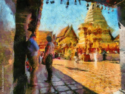 Wat Phra That Doi Suthep Temple Chiang Mai Thailand Illustrations creates an impressionist style of painting. © Kittipong