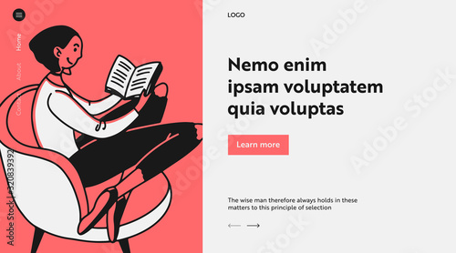 Young woman reading novel at home. Girl sitting in armchair with book flat vector illustration. Library, education, book reader concept for banner, website design or landing web page