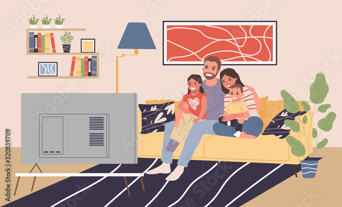 Family with kids at TV vector illustration. Happy man, woman, boy, girl sitting together on couch at home, watching movie. Young couple with children for house interior, entertainment, love concept